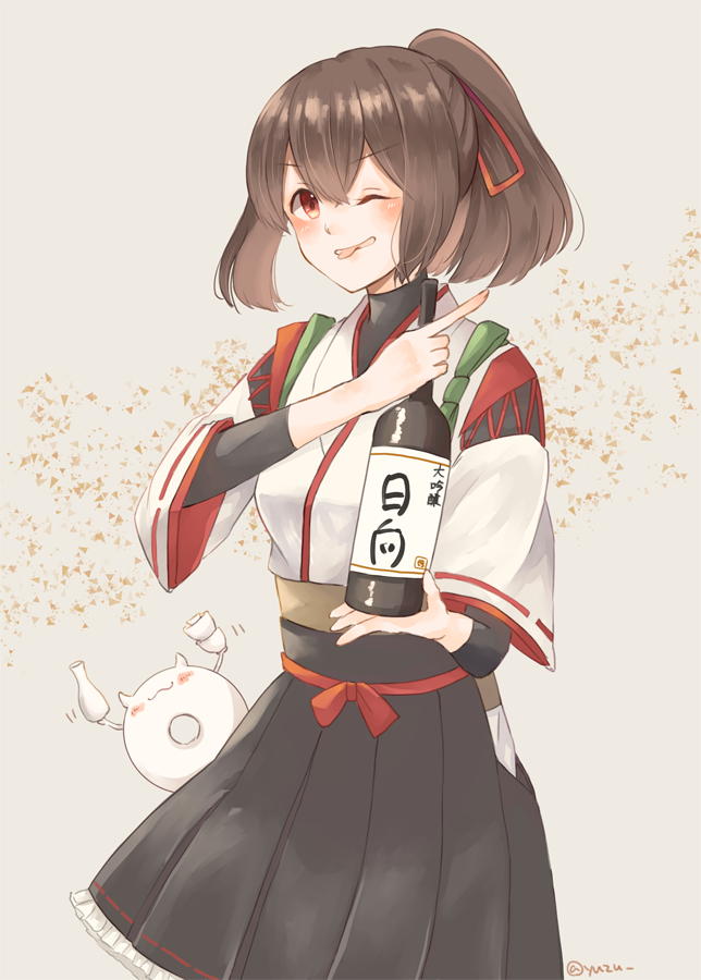 1girl 1other ;p alcohol black_skirt bottle brown_hair cowboy_shot cup enemy_lifebuoy_(kantai_collection) eyebrows_visible_through_hair hair_ribbon hakama_skirt holding holding_bottle holding_cup ise_(kantai_collection) kantai_collection looking_at_viewer nontraditional_miko one_eye_closed pink_background pleated_skirt pointing ponytail red_eyes red_ribbon remodel_(kantai_collection) ribbon sake sake_bottle short_hair skin_tight skirt tokkuri tongue tongue_out undershirt yuzu_(kimagure_kankitsurui)