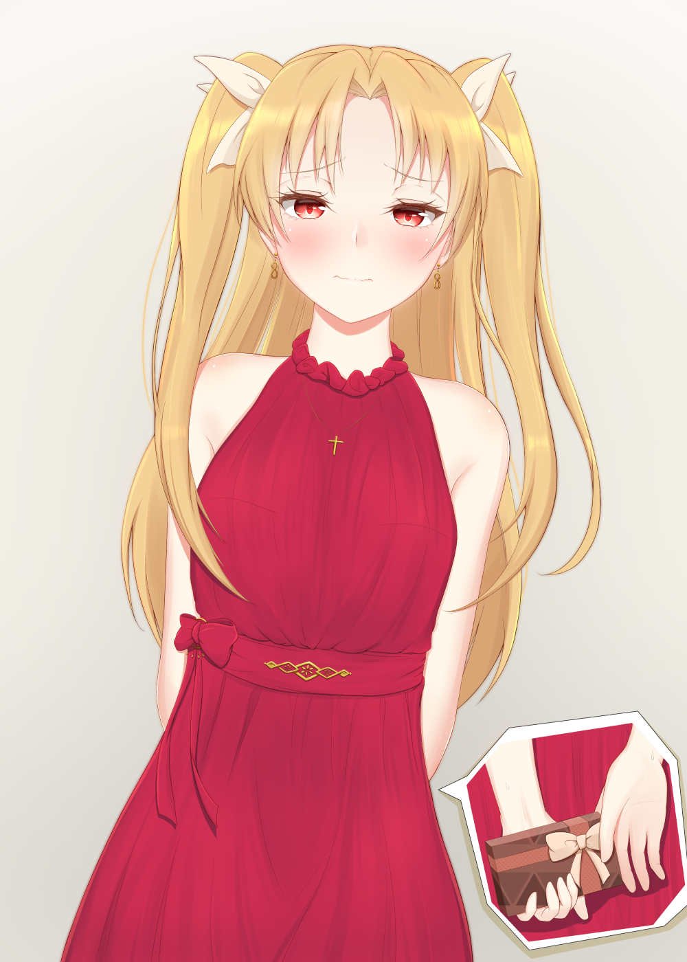 1girl arms_behind_back bangs bare_shoulders bitter_sweet_(fate/grand_order) blonde_hair blush box commentary_request dress earrings ereshkigal_(fate/grand_order) eyelashes fate/grand_order fate_(series) gift gift_box hair_ribbon highres holding holding_gift jewelry long_hair looking_at_viewer obustat parted_bangs red_dress red_eyes ribbon sleeveless sleeveless_dress solo two_side_up valentine wavy_mouth