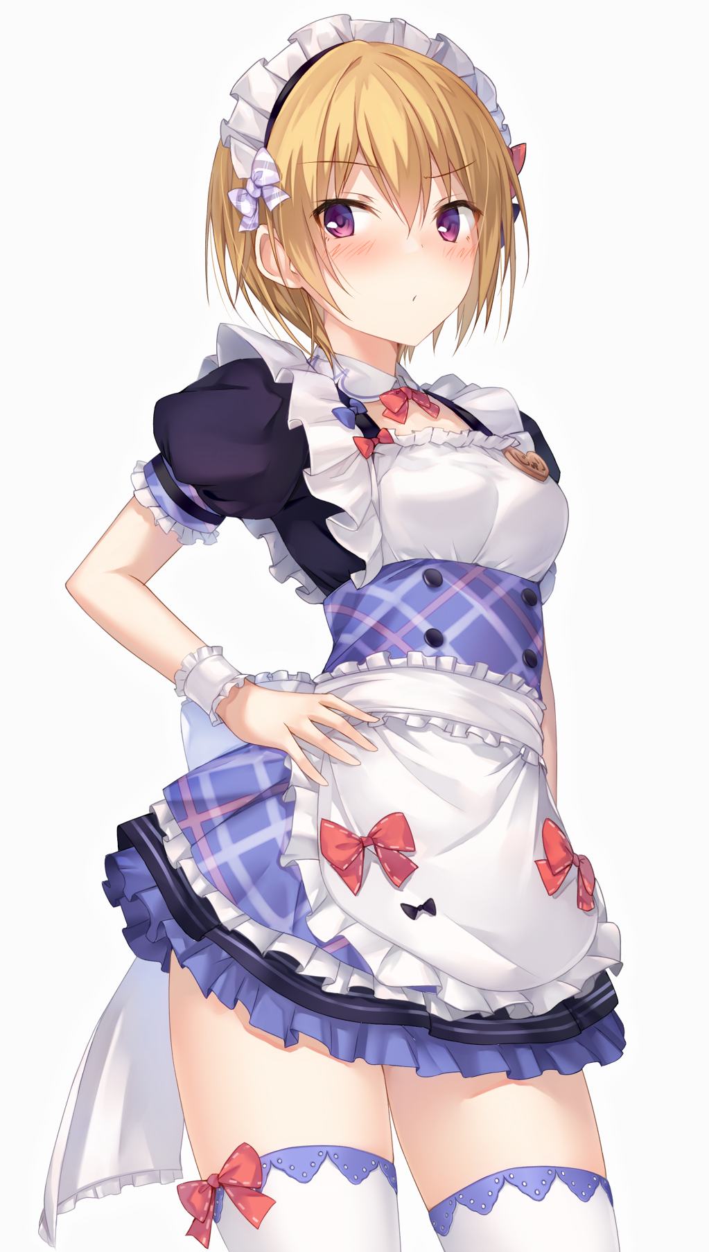 1girl alternate_costume apron bangs blonde_hair blush bow bowtie breasts buttons collared_dress commentary_request dress enmaided eyebrows_visible_through_hair frilled_cuffs frills hand_on_hip highres idolmaster idolmaster_shiny_colors maid maid_apron maid_headdress medium_breasts puffy_short_sleeves puffy_sleeves saijou_juri shindou_tsurami short_hair short_sleeves simple_background solo thigh-highs violet_eyes white_background wrist_cuffs zettai_ryouiki