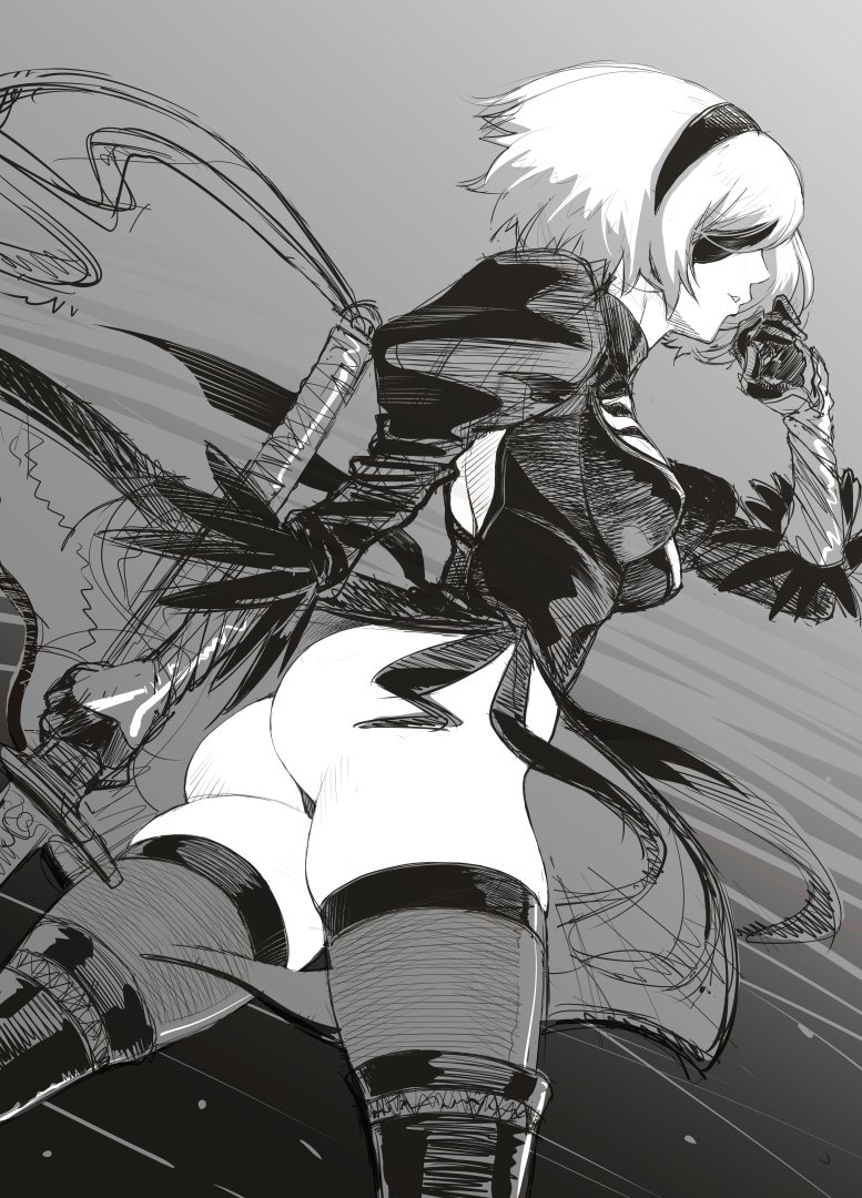 1girl ass back_cutout black_blindfold black_dress black_hairband blindfold boots breasts cleavage_cutout commentary_request covered_eyes dress feather-trimmed_sleeves gloves hairband highleg highleg_leotard hounyoumaru juliet_sleeves katana leotard long_sleeves medium_breasts monochrome nier_(series) nier_automata puffy_sleeves silver_hair solo sword thigh-highs thigh_boots thighhighs_under_boots vambraces weapon white_hair white_leotard yorha_no._2_type_b