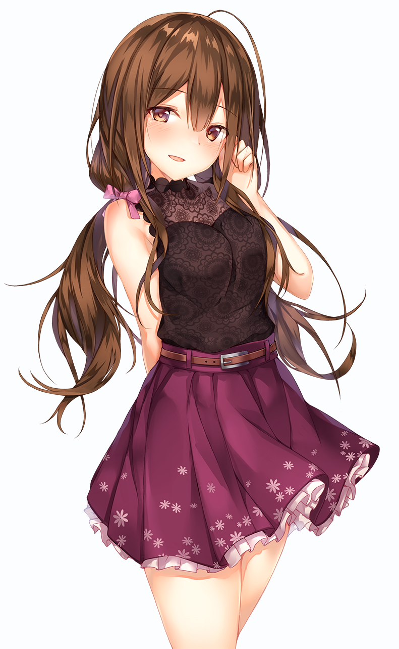 1girl ahoge arm_behind_back bangs bare_shoulders belt blush bow breasts brown_eyes brown_hair commentary_request eyebrows_visible_through_hair hair_bow hand_in_hair highres idolmaster idolmaster_shiny_colors kuwayama_chiyuki long_hair looking_at_viewer low_twintails medium_breasts open_mouth petticoat see-through shindou_tsurami shirt skirt sleeveless sleeveless_shirt smile solo twintails white_background