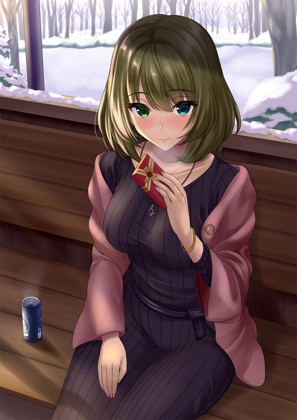 1girl bangs black_dress blue_eyes blush box breasts brown_hair closed_mouth collarbone dress gift gift_box green_eyes heterochromia highres idolmaster idolmaster_cinderella_girls jacket jewelry large_breasts long_sleeves looking_at_viewer mole mole_under_eye necklace open_clothes open_jacket outdoors pink_jacket ribbed_dress sengoku_aky short_hair sitting smile snow solo sweater sweater_dress swept_bangs takagaki_kaede