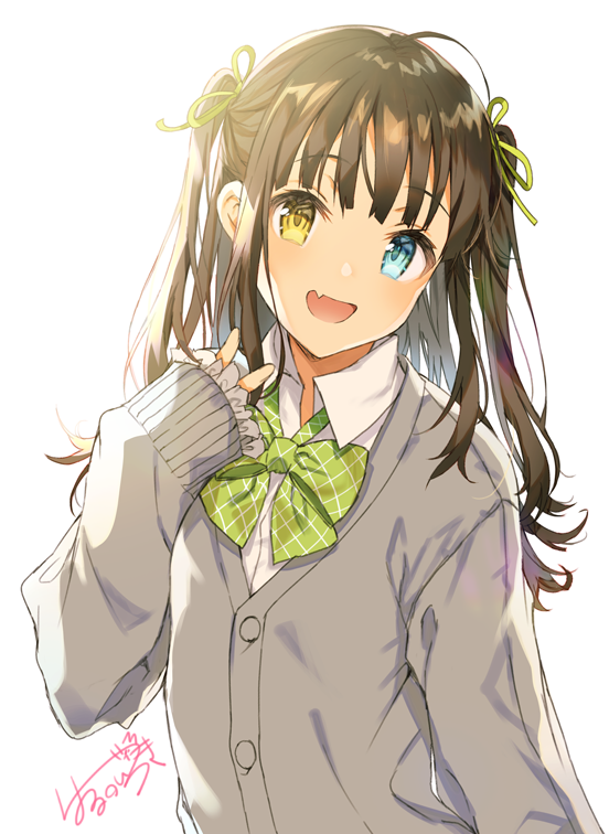 1girl :d ahoge backlighting blue_eyes bow bowtie brown_hair buttons collared_shirt commentary fang frilled_sleeves frills green_neckwear green_ribbon grey_cardigan hair_ribbon hand_up harunoibuki head_tilt heterochromia long_hair long_sleeves looking_at_viewer open_mouth original ribbon school_uniform shirt sidelocks signature simple_background sleeves_past_wrists smile solo two_side_up upper_body v white_background white_shirt yellow_eyes