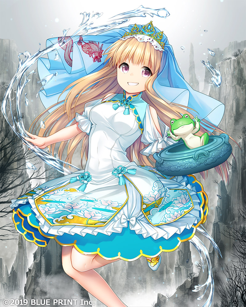 1girl :d bangs bare_tree blonde_hair breasts company_name crown day dragon_print dress frog grey_sky long_hair looking_at_viewer lost_crusade medium_breasts official_art open_mouth outdoors pink_eyes shimoe smile solo standing standing_on_one_leg tree water white_dress