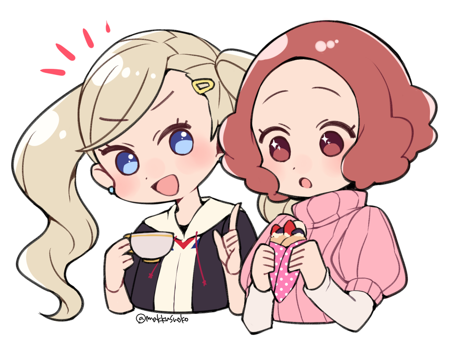 2girls :d atlus blonde_hair blue_eyes blush brown_eyes brown_hair commentary commentary_request cup do_m_kaeru hood hoodie megami_tensei moe multiple_girls okumura_haru open_mouth partial_commentary pastry persona persona_5 pink_sweater ribbed_sweater short_hair smile sweater takamaki_anne teacup twitter_username