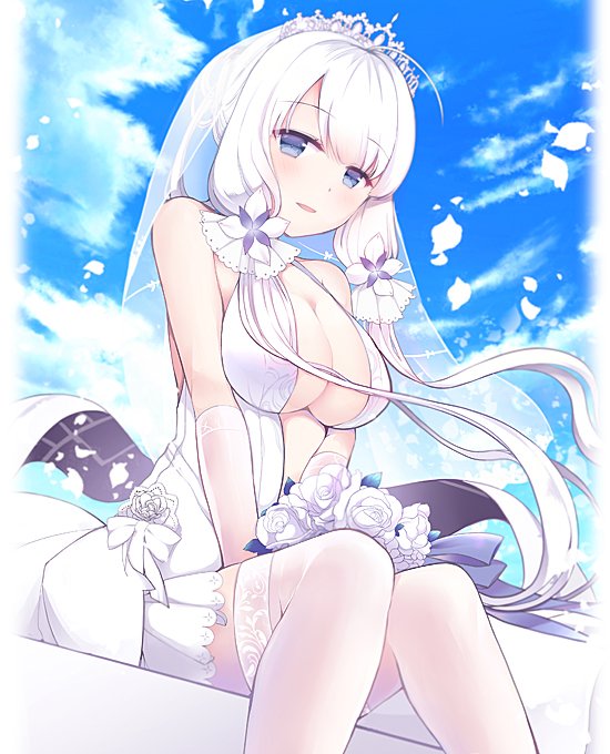 1girl azur_lane blush breasts dress elbow_gloves eyebrows_visible_through_hair gloves illustrious_(azur_lane) long_hair looking_at_viewer low_twintails open_mouth silver_hair solo teramoto_kaoru thigh-highs twintails white_dress white_hair white_legwear