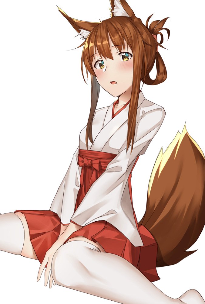 1girl animal_ears blush brown_eyes brown_hair eyebrows_visible_through_hair folded_ponytail hakama hakama_skirt inazuma_(kantai_collection) japanese_clothes kantai_collection kimono long_hair long_sleeves looking_at_viewer open_mouth pallad red_hakama sitting squirrel_ears squirrel_tail tail thigh-highs wariza white_kimono white_legwear