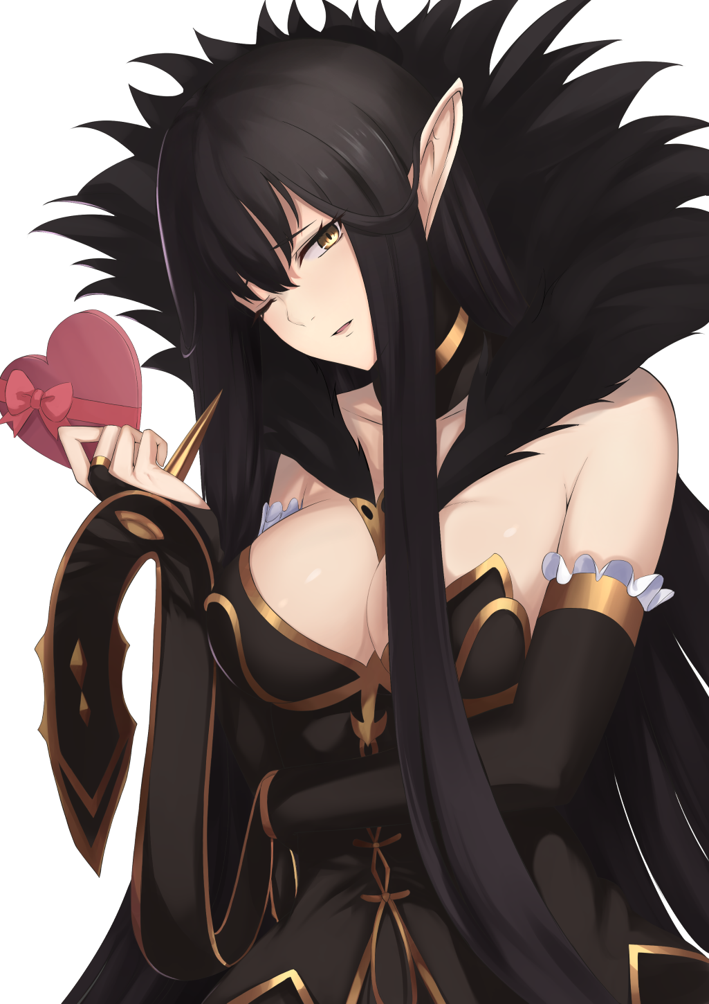 1girl bangs bare_shoulders black_dress black_hair breasts bridal_gauntlets chocolate chocolate_heart cleavage commentary detached_sleeves dress fate/apocrypha fate/grand_order fate_(series) frills fur_trim hair_between_eyes heart highres large_breasts long_dress long_hair one_eye_closed parted_lips pointy_ears semiramis_(fate) spikes valentine very_long_hair yami_kyon_oov yellow_eyes