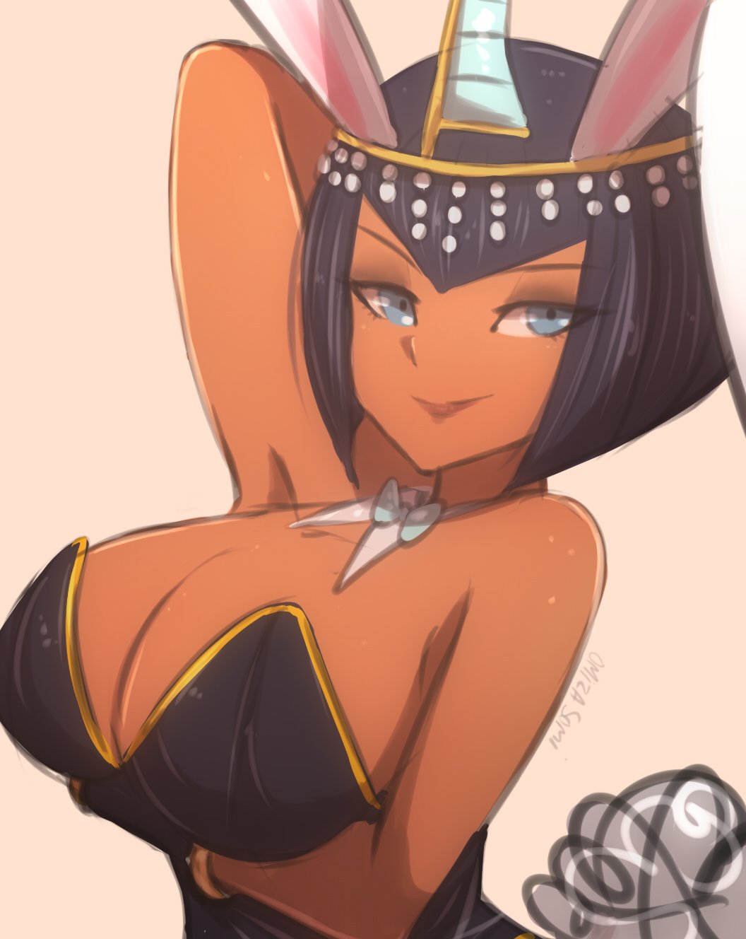 1girl animal_ears arm_up artist_name black_hair blue_eyes bow bowtie breast_rest breasts bunny_tail bunnysuit dark_skin detached_collar eliza_(skullgirls) headgear highres large_breasts looking_at_viewer omiza_somi rabbit_ears short_hair skullgirls smile solo tail upper_body