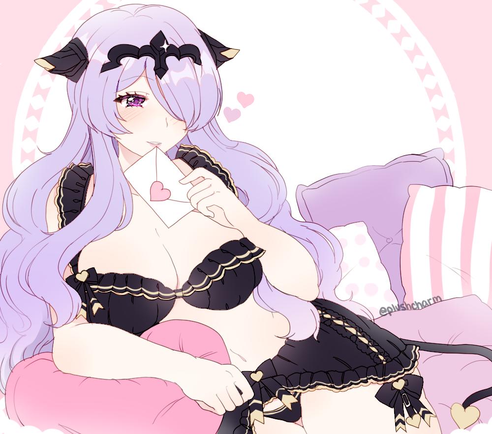 1girl breasts camilla_(fire_emblem_if) cleavage envelope fire_emblem fire_emblem_if hair_over_one_eye heart holding_envelope large_breasts long_hair nintendo parted_lips pillow plushcharm purple_hair solo tiara twitter_username violet_eyes