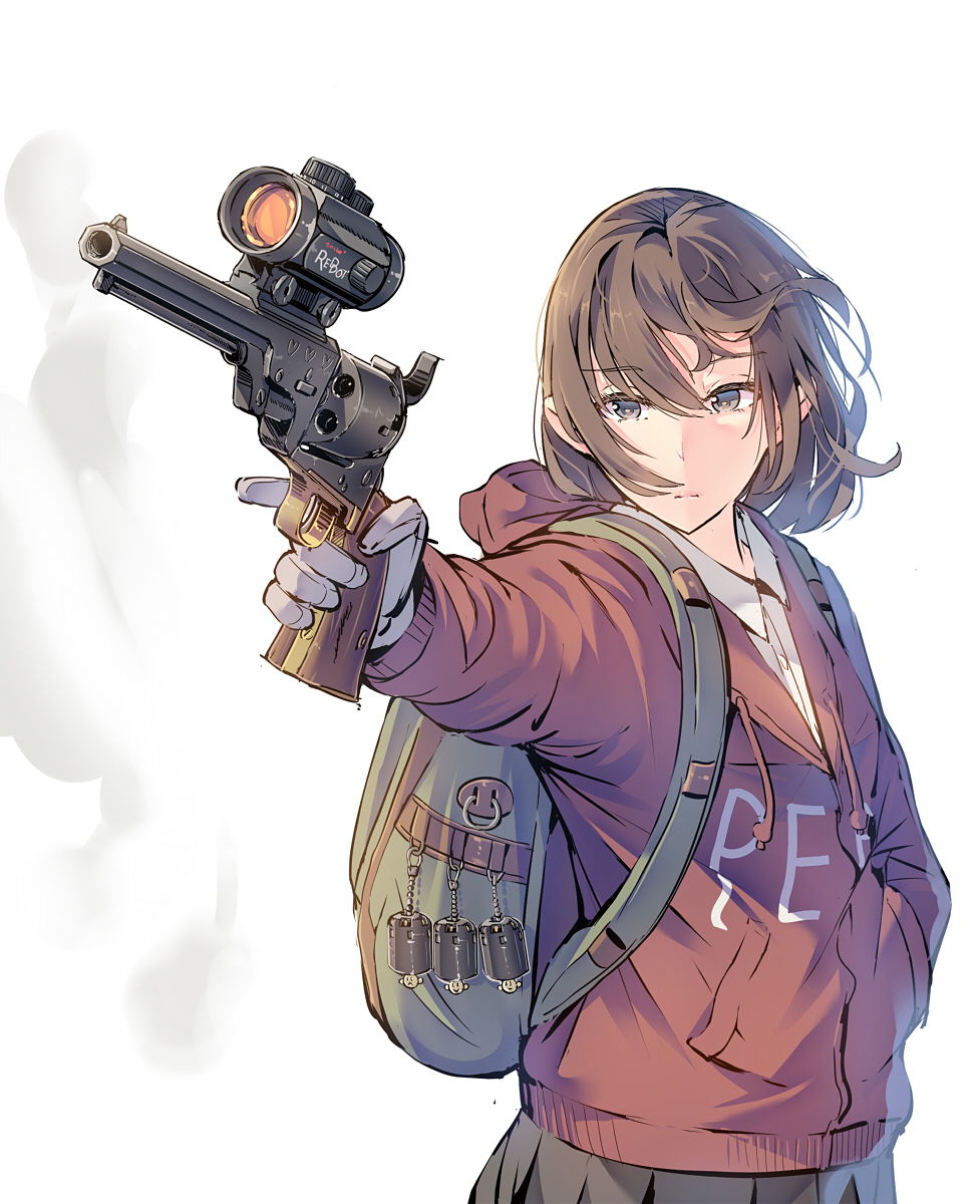 1girl :| backpack bag bangs black_hair brown_hair closed_mouth colt_1851_navy cowboy_shot daito ears eyebrows_visible_through_hair gloves green_backpack grey_eyes gun hair_between_eyes hand_in_pocket handgun heart highres holding holding_gun holding_weapon long_sleeves medium_hair messy_hair original pleated_skirt red_hoodie reflex_sight revolver scope shirt simple_background skirt smoke smoking_gun solo standing trigger_discipline weapon