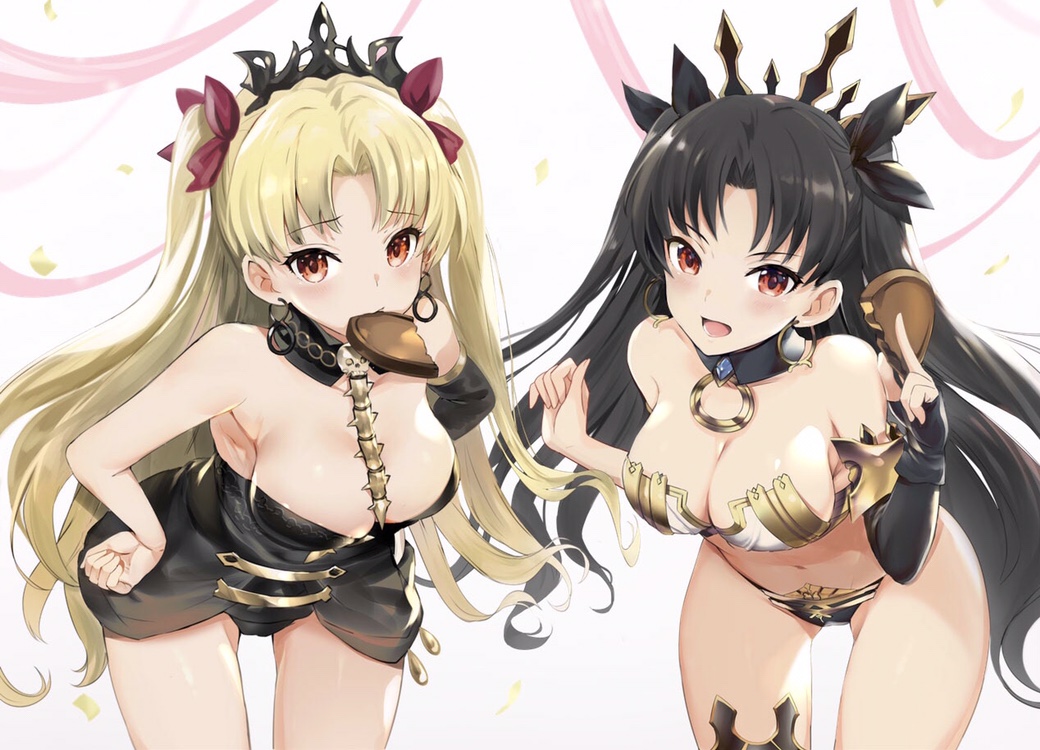 bangs bare_shoulders black_ribbon blonde_hair blush breasts chocolate chocolate_heart earrings ereshkigal_(fate/grand_order) fate/grand_order fate_(series) hair_ribbon heart hip_focus hoop_earrings ishtar_(fate/grand_order) jewelry leaning_forward long_hair looking_at_viewer medium_breasts mouth_hold parted_bangs red_eyes red_ribbon ribbon teddy_(khanshin) thighs tiara two_side_up white_background