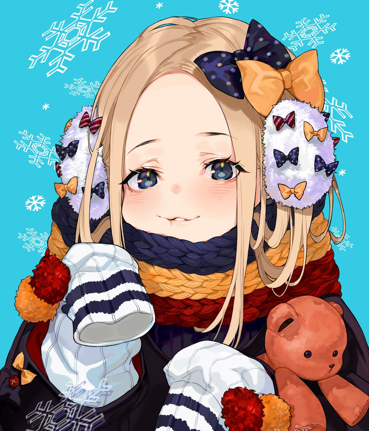 1girl abigail_williams_(fate/grand_order) black_bow blonde_hair blue_background blue_eyes bow commentary_request earmuffs fate/grand_order fate_(series) hair_bow highres holding holding_stuffed_animal long_hair looking_at_viewer orange_bow parted_lips polka_dot polka_dot_bow scarf sleeves_past_fingers sleeves_past_wrists snowflakes solo stuffed_animal stuffed_toy teddy_bear upper_body yuu_(higashi_no_penguin)