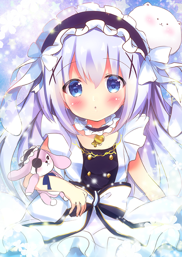 1girl :o angora_rabbit animal bangs bare_arms black_hairband blue_eyes blue_hair blush bow commentary_request eyebrows_visible_through_hair eyepatch frilled_hairband frills gochuumon_wa_usagi_desu_ka? hair_between_eyes hair_ornament hairband kafuu_chino long_hair object_hug parted_lips rabbit rikatan shirt sidelocks skirt sleeveless sleeveless_shirt star striped striped_bow stuffed_animal stuffed_bunny stuffed_toy tippy_(gochiusa) very_long_hair white_bow white_shirt white_skirt x_hair_ornament