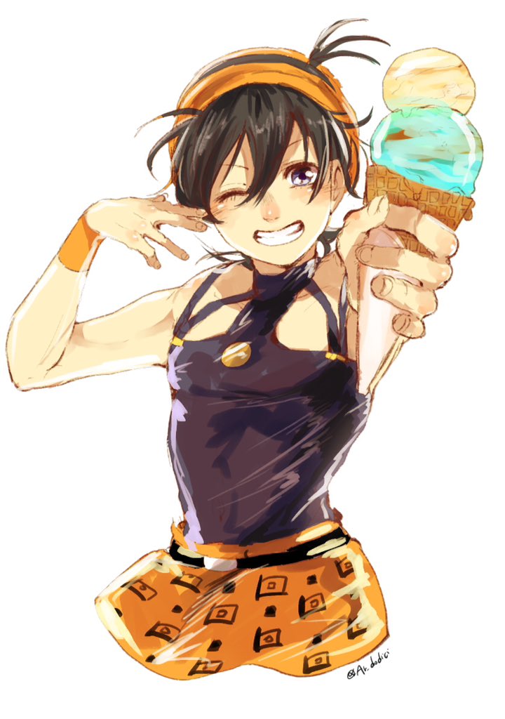 1boy aruti black_hair choker hairband ice_cream_cone jojo_no_kimyou_na_bouken male_focus narancia_ghirga solo twitter_username upper_body vento_aureo violet_eyes wristband