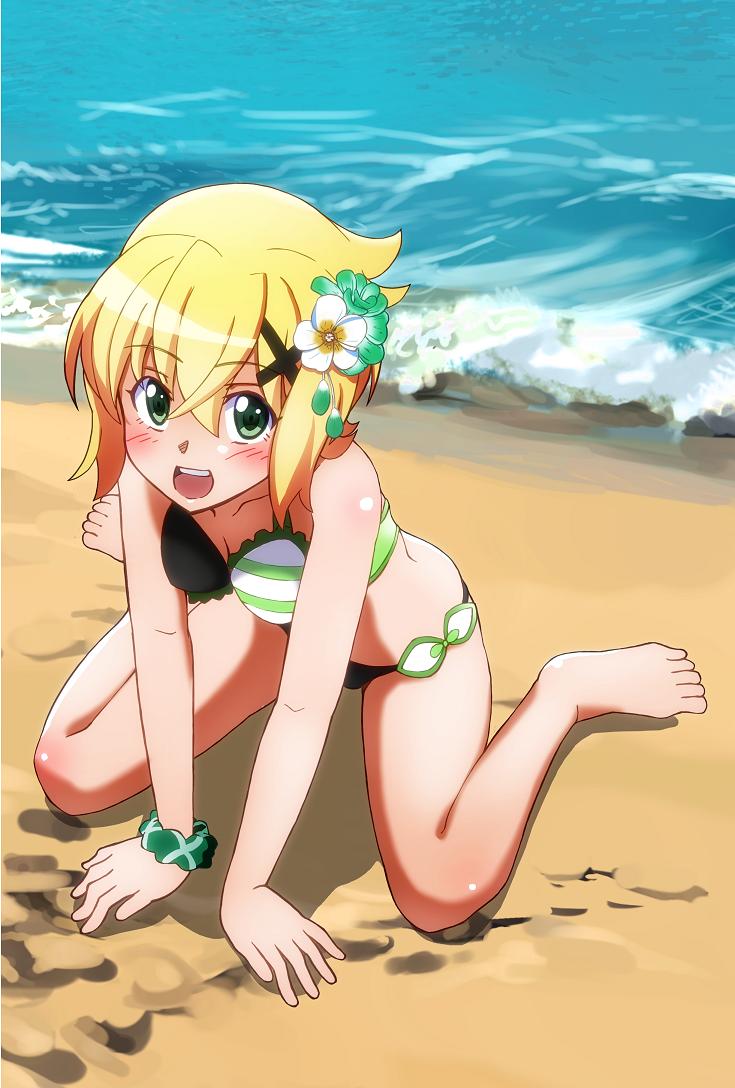 1girl akatsuki_kirika beach bikini blonde_hair blush breasts commentary_request day flower frilled_bikini frills green_eyes hair_flower hair_ornament looking_at_viewer medium_breasts ocean open_mouth outdoors sand senki_zesshou_symphogear shiny shiny_hair shiny_skin short_hair side-tie_bikini sitting smile solo striped striped_bikini swimsuit wariza water yuu_yuu_(netaeshi58)