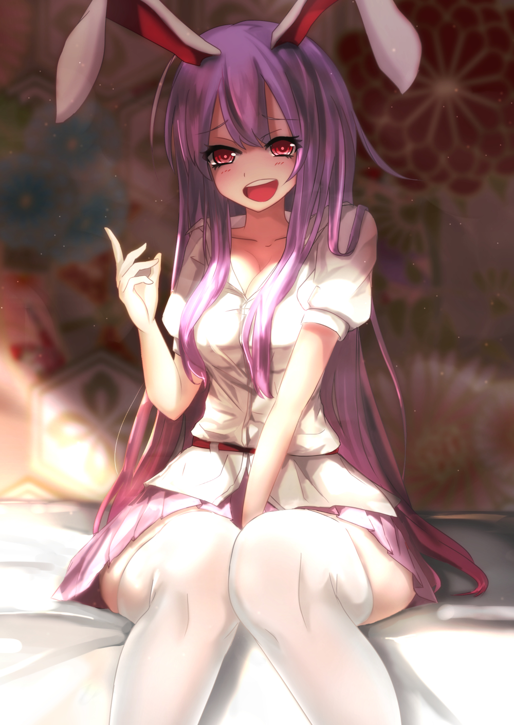 1girl animal_ears blouse breasts buttons cleavage collarbone dusk_(artist) eyebrows_visible_through_hair floral_background floral_print highres large_breasts lavender_hair long_hair medium_skirt open_mouth pink_skirt pleated_skirt purple_hair rabbit_ears red_eyes reisen_udongein_inaba shirt short_sleeves skirt solo touhou very_long_hair white_blouse white_legwear