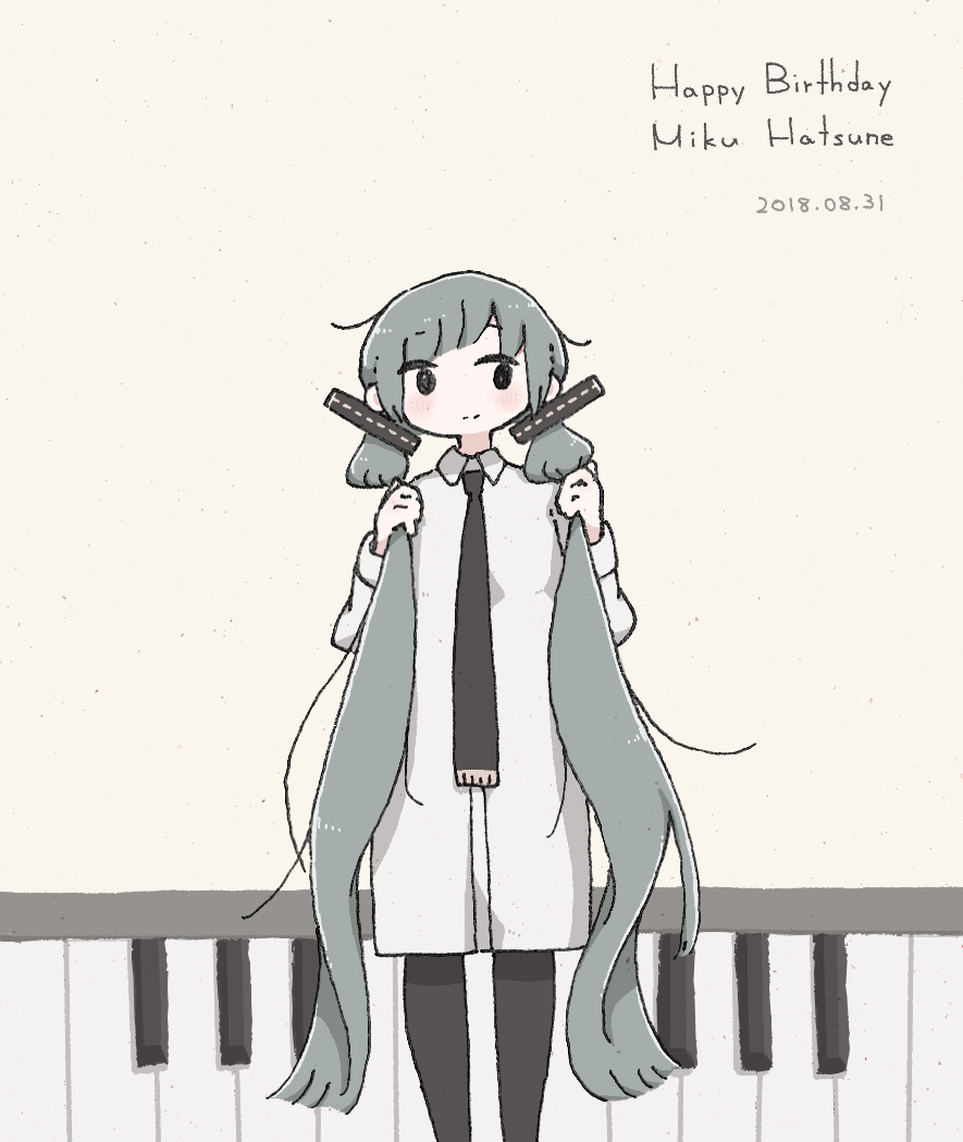 1girl bangs black_eyes black_neckwear blush character_name collared_shirt dated east_sha2 english_text happy_birthday hatsune_miku long_hair muted_color necktie no_nose piano_keys shirt smile solo twintails very_long_hair vocaloid white_shirt