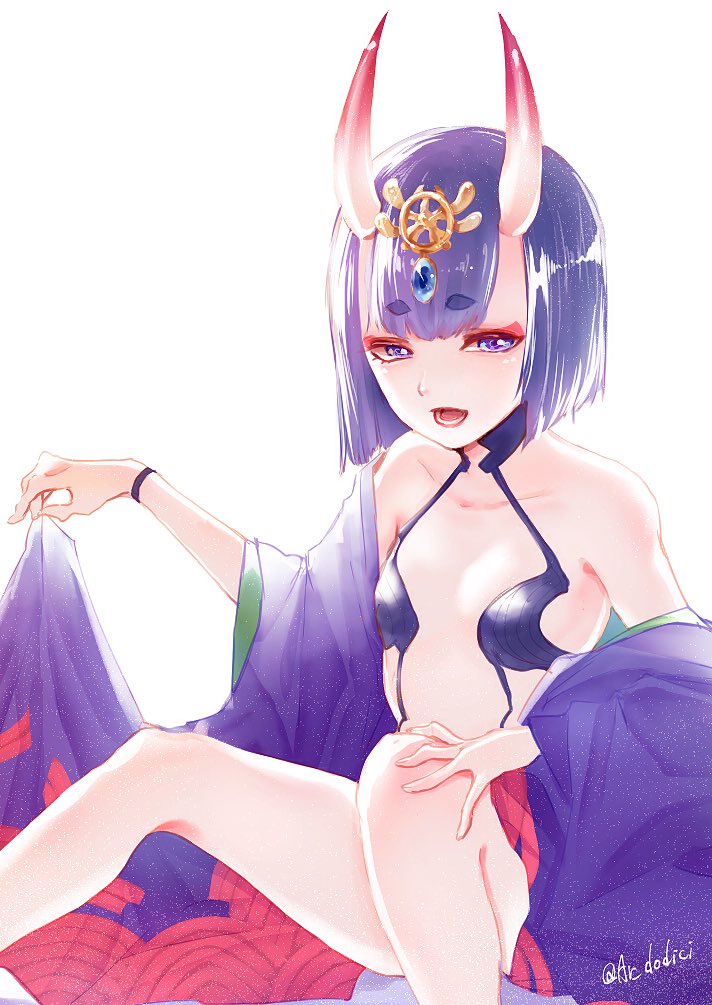 1girl aruti backlighting cloak collarbone eyebrows_visible_through_hair fate/grand_order fate_(series) flat_chest forehead_jewel makeup oni_horns open_mouth purple_hair shuten_douji_(fate/grand_order) solo twitter_username violet_eyes