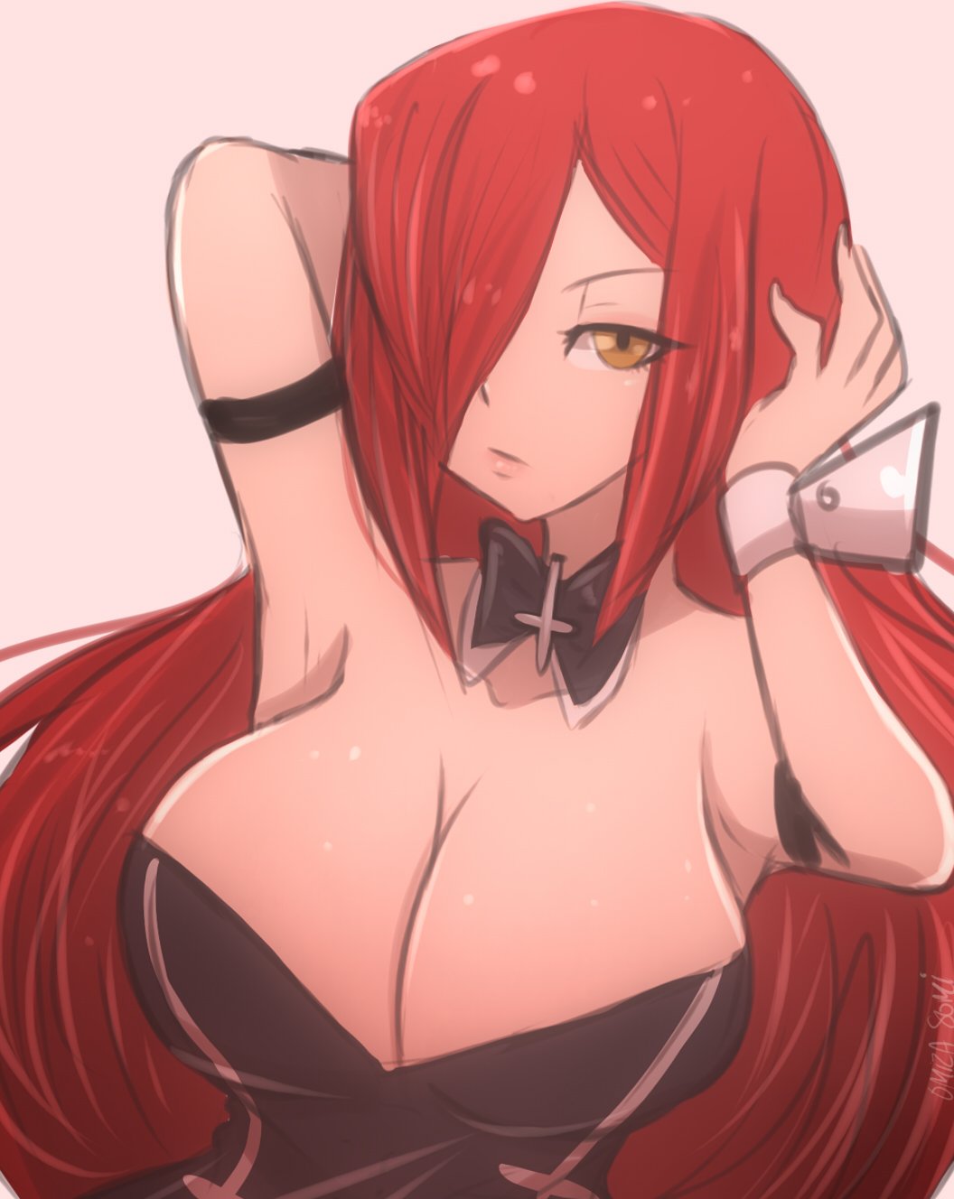 1girl arm_strap armpits arms_up artist_name breasts bunnysuit cleavage cross detached_collar hair_over_one_eye highres inverted_cross large_breasts long_hair looking_at_viewer omiza_somi parasoul_(skullgirls) redhead skullgirls solo wrist_cuffs yellow_eyes