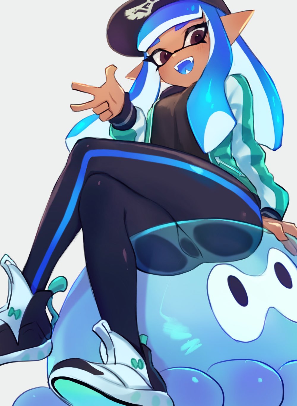 1girl :d arm_at_side baseball_cap black_pants blue_hair dark_skin domino_mask fangs hand_up hat highres inkling jacket jellyfish jellyfish_(splatoon) jtveemo long_hair long_sleeves looking_at_viewer mask open_clothes open_jacket open_mouth pants pink_eyes pointy_ears see-through shoes simple_background single_horizontal_stripe sitting smile solo splatoon splatoon_(series) splatoon_2 teeth tentacle_hair white_background