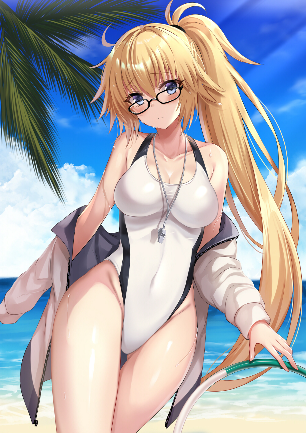 1girl bad_id bangs black-framed_eyewear blonde_hair blue_eyes blue_sky blurry blurry_background breasts cleavage clouds cloudy_sky commentary_request day depth_of_field eyebrows_visible_through_hair fate/grand_order fate_(series) glasses gluteal_fold groin hair_between_eyes harimoji head_tilt high_ponytail highres horizon jacket jeanne_d'arc_(fate)_(all) jeanne_d'arc_(swimsuit_archer) large_breasts long_hair ocean off_shoulder one-piece_swimsuit outdoors side_ponytail sky solo swimsuit thigh_gap very_long_hair water whistle whistle_around_neck white_jacket white_swimsuit