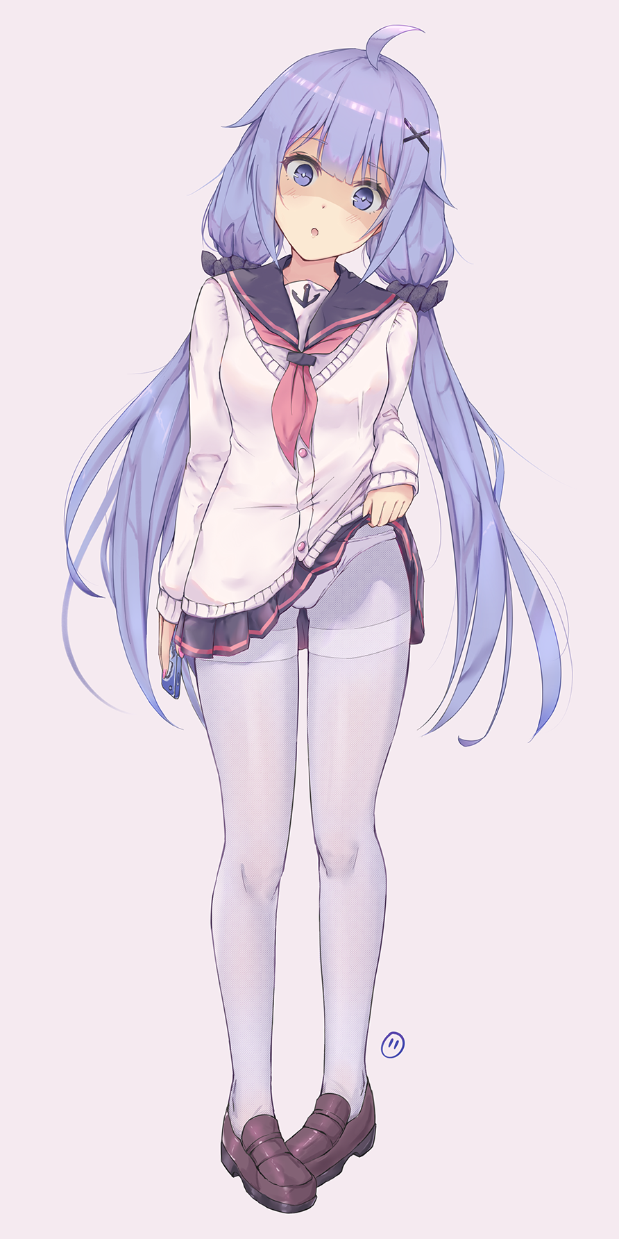 1girl anchor_symbol azur_lane bangs black_sailor_collar black_scrunchie black_skirt boxcutter brown_footwear cardigan envyvanity eyebrows_visible_through_hair full_body hair_ornament highres loafers long_hair long_sleeves looking_at_viewer low_twintails neckerchief open_mouth panties panties_over_pantyhose pantyhose pink_neckwear pleated_skirt purple_hair sailor_collar school_uniform scrunchie serafuku shoes skirt skirt_lift sleeves_past_wrists solo standing thighband_pantyhose twintails underwear unicorn_(amusement_park_date)_(azur_lane) unicorn_(azur_lane) very_long_hair violet_eyes white_legwear white_panties x_hair_ornament yandere