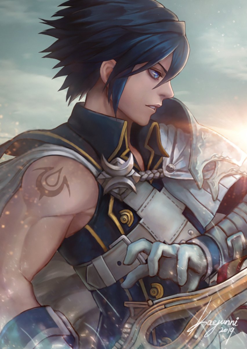 1boy armor blue_eyes blue_hair cape falchion_(fire_emblem) fire_emblem fire_emblem:_kakusei fire_emblem_heroes gloves highres kaejunni krom male_focus nintendo short_hair shoulder_armor sky solo sun sword weapon