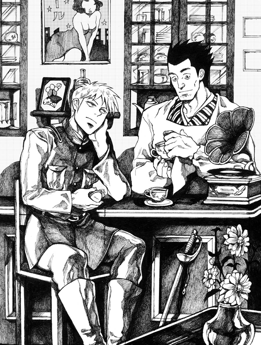 2boys akagi:_yami_ni_oritatta_tensai akagi_shigeru bottle bud_(korovsme) cup cupboard flower greyscale head_rest male_focus monochrome multiple_boys nangou_(akagi) nib_pen_(medium) phonograph plate polishing portrait_(object) rapier sitting stopwatch sword teacup traditional_media vase watch weapon