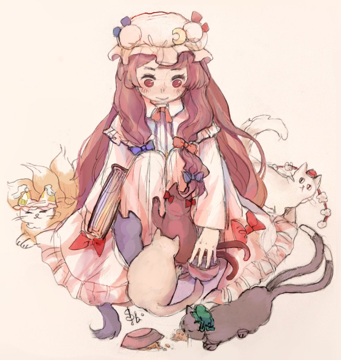 1girl bangs blue_bow blue_ribbon blush book bow cat cat_food chen chen_(cat) collared_dress crescent crescent_hair_ornament dress frilled_dress frills hair_bow hair_ornament hat kaenbyou_rin kaenbyou_rin_(cat) long_hair long_sleeves mob_cap patchouli_knowledge petting purple_hair red_bow red_ribbon ribbon shameimaru_aya sitting smile striped striped_dress svveetberry touhou very_long_hair violet_eyes yakumo_ran