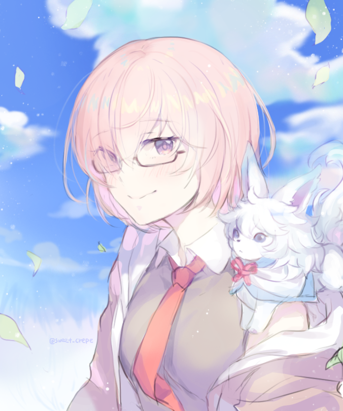 1girl animal animal_on_shoulder black-framed_eyewear blue_sky clouds day eyebrows_visible_through_hair fou_(fate/grand_order) glasses grey_eyes hair_between_eyes mash_kyrielight neck_ribbon outdoors pink_hair rapueru red_ribbon ribbon semi-rimless_eyewear shiny shiny_hair short_hair sky smile solo twitter_username under-rim_eyewear upper_body