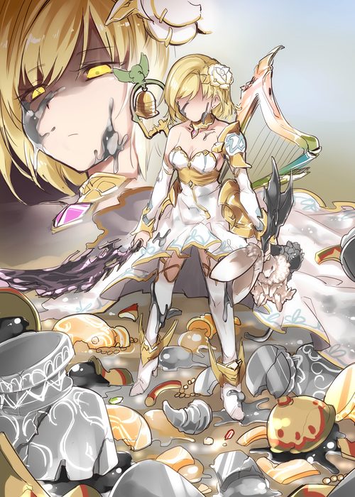 1girl animal_ears bell blonde_hair blurry blurry_background breasts broken_glass cleavage commentary_request detached_sleeves djeeta_(granblue_fantasy) dress flower glass granblue_fantasy hair_ornament harp high_heels holding holding_weapon instrument kazetto rabbit rabbit_ears shaded_face shoulder_armor slime solo staff sword the_glory thigh-highs weapon white_dress white_flower yellow_eyes