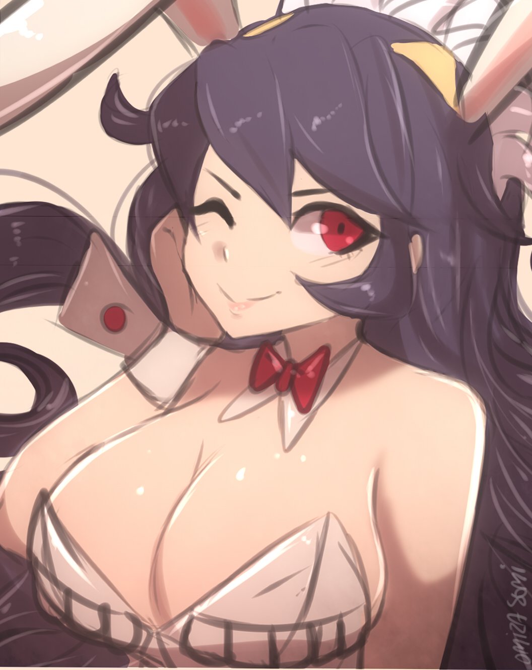 1girl animal_ears artist_name black_hair bow bowtie breasts bunnysuit cleavage detached_collar filia_(skullgirls) highres large_breasts long_hair looking_at_viewer omiza_somi one_eye_closed rabbit_ears red_eyes samson_(skullgirls) skullgirls smile upper_body wrist_cuffs