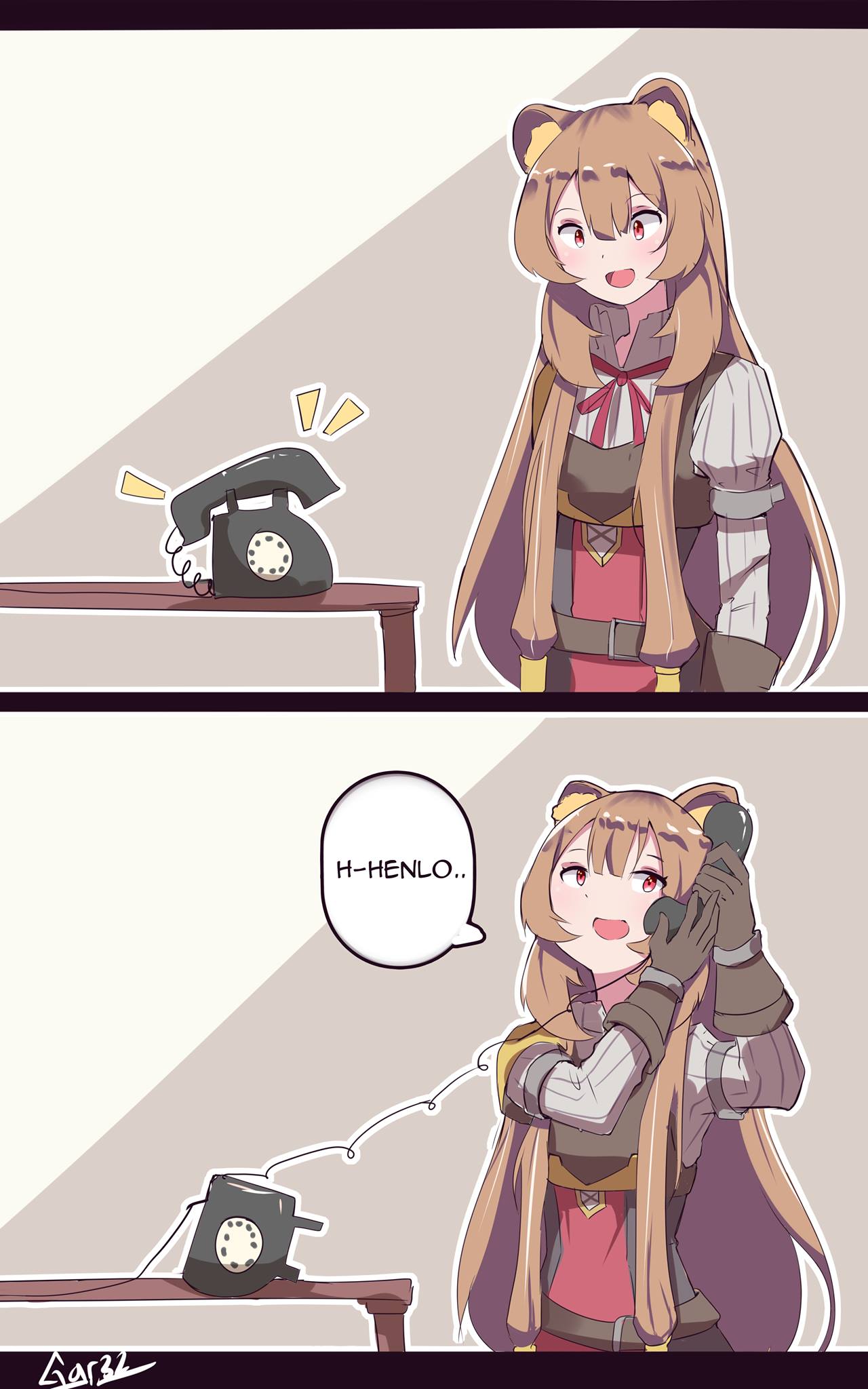 1girl 2koma animal_ears artist_name belt brown_hair comic gloves highres holding holding_phone indonesian_text long_hair looking_down phone raccoon_ears raphtalia red_eyes red_ribbon ribbon signature simple_background smile solo table tate_no_yuusha_no_nariagari tegar32 very_long_hair