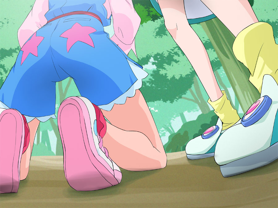 2girls blue_shorts forest from_behind hagoromo_lala haruyama_kazunori head_out_of_frame hoshina_hikaru kneeling multiple_girls nature pink_footwear precure shoes shorts standing star star_twinkle_precure