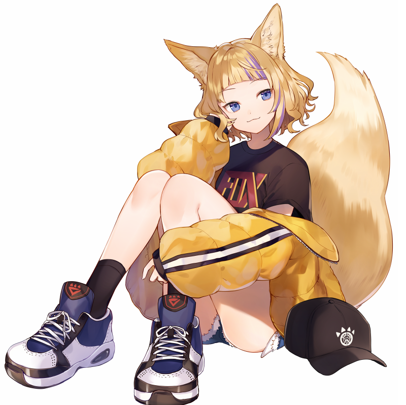 1girl :3 animal_ears ass bare_legs baseball_cap black_hat black_legwear black_shirt blonde_hair closed_mouth commentary_request cutoffs denim denim_shorts exposed_pocket fox_ears fox_girl fox_tail full_body hand_up hat hat_removed head_tilt headwear_removed jacket knees_up long_sleeves looking_at_viewer multicolored_hair off_shoulder open_clothes open_jacket original puffy_long_sleeves puffy_sleeves purple_hair shirt shoes short_hair short_shorts short_sleeves shorts shugao simple_background sleeves_past_wrists smile sneakers socks solo tail thighs two-tone_hair violet_eyes white_background yellow_jacket