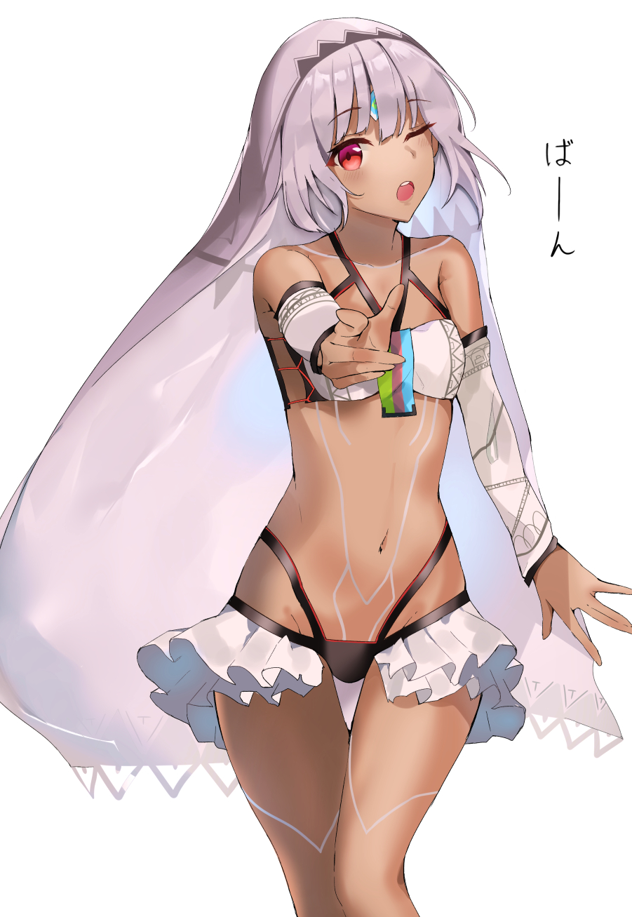 1girl altera_(fate) black_panties collarbone detached_sleeves eyebrows_visible_through_hair fate/grand_order fate_(series) groin head_tilt highres index_finger_raised long_hair long_sleeves navel open_mouth panties red_eyes shiny shiny_hair silver_hair simple_background solo standing tukise_33 underwear very_long_hair white_background white_sleeves
