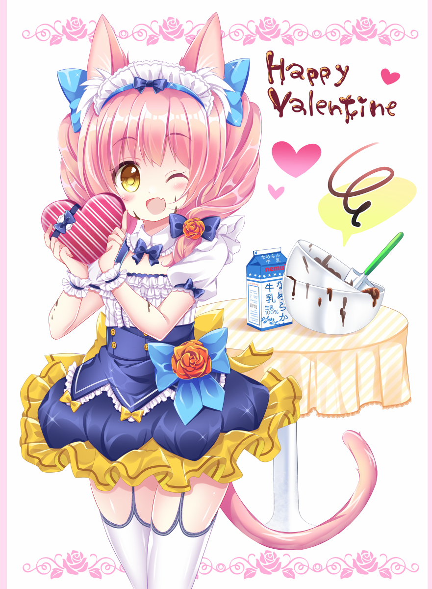 1girl ;d animal_ear_fluff animal_ears bangs blue_bow blue_skirt blush bow box brown_eyes cat_ears cat_girl cat_tail chocolate chocolate_on_body collar commentary_request detached_collar eyebrows_visible_through_hair fang flower food frilled_collar frilled_skirt frills garter_straps gift gift_box hair_bow happy_valentine heart heart-shaped_box highres holding holding_gift long_hair mixing_bowl one_eye_closed open_mouth original pink_hair puffy_short_sleeves puffy_sleeves red_flower red_rose rose shikito shirt short_sleeves skirt smile solo spatula squiggle tail thigh-highs valentine white_collar white_legwear white_shirt wrist_cuffs