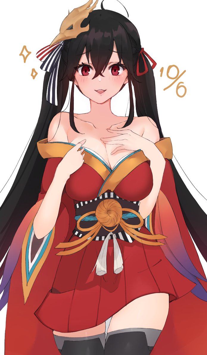1girl ahoge azur_lane bangs bare_shoulders black_hair blush breasts cleavage collarbone crossed_bangs dress eyebrows_visible_through_hair hair_between_eyes japanese_clothes kimono large_breasts long_hair looking_at_viewer mask mask_on_head open_mouth red_dress red_eyes red_kimono smile solo taihou_(azur_lane) thigh-highs