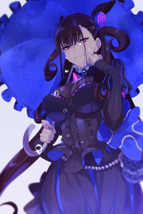 1girl bag bangs black_dress black_gloves blush breasts brown_hair cis05 closed_mouth crying crying_with_eyes_open dress elbow_gloves eyebrows_visible_through_hair fate/grand_order fate_(series) fingerless_gloves frilled_dress frills gloves hair_ornament handbag holding holding_umbrella large_breasts long_hair murasaki_shikibu_(fate) red_eyes simple_background solo tears umbrella white_background