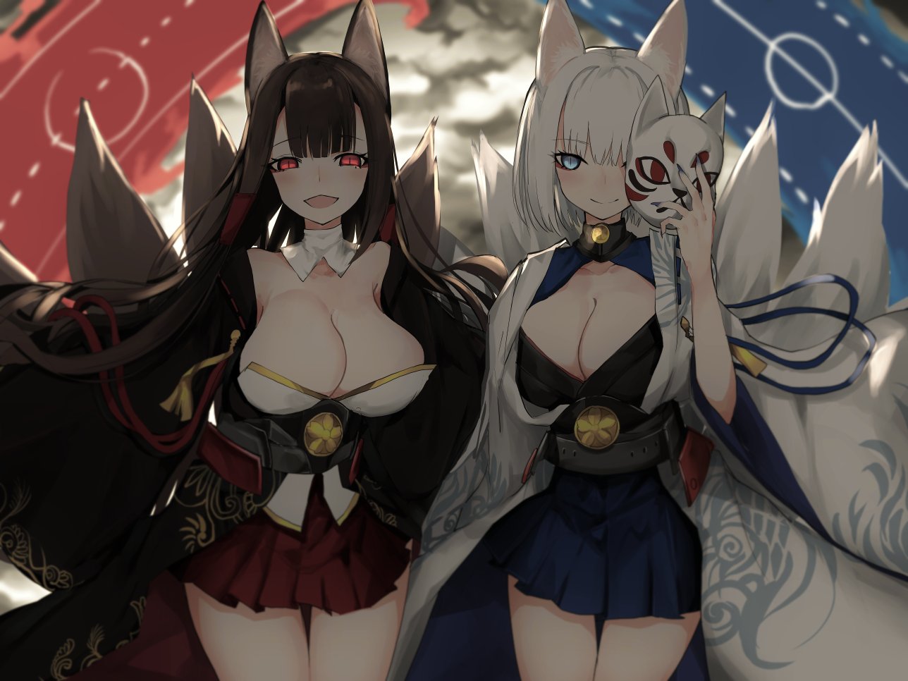 akagi_(azur_lane) animal_ears azur_lane bangs black_kimono blunt_bangs blush breasts cleavage eyeliner fox_ears fox_girl fox_mask fox_tail gloves holding holding_mask japanese_clothes kaga_(azur_lane) kimono kitsune large_breasts long_hair makeup mask mask_on_head multiple_tails naruwe partly_fingerless_gloves red_eyes red_skirt skirt tail white_hair white_kimono wide_sleeves