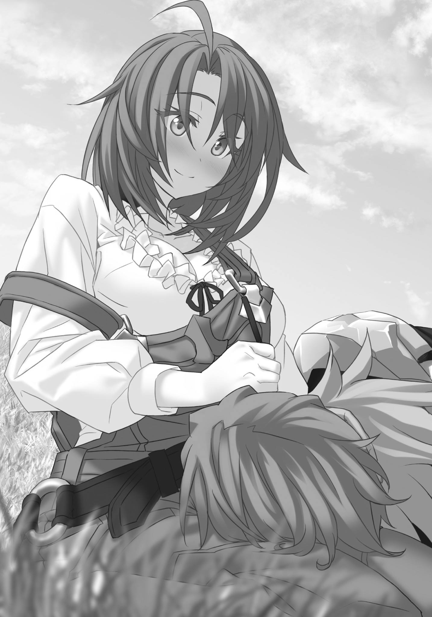 1boy 1girl ahoge blush breasts cleavage cow_girl_(goblin_slayer!) day eyebrows_visible_through_hair goblin_slayer goblin_slayer! greyscale hair_between_eyes highres kannatsuki_noboru lap_pillow large_breasts long_sleeves looking_down monochrome neck_ribbon no_headwear no_helmet novel_illustration official_art outdoors ribbon shirt short_hair smile