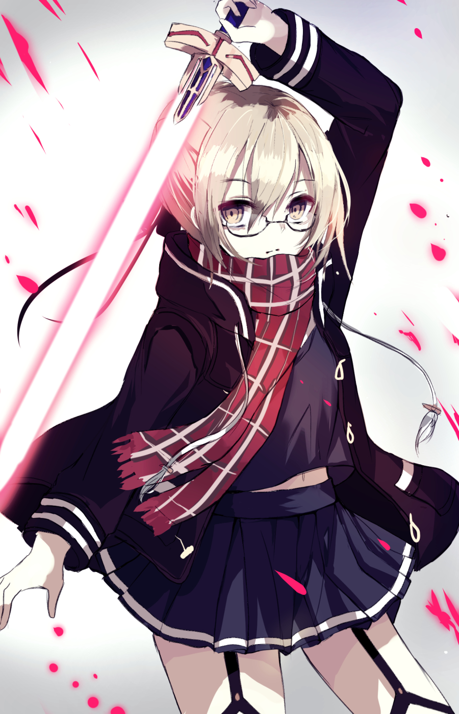 1girl arm_up artoria_pendragon_(all) bangs beckzawachi black-framed_eyewear black_coat blonde_hair closed_mouth coat cowboy_shot duffel_coat empty_eyes fate/grand_order fate_(series) garter_straps hair_between_eyes highres holding holding_sword holding_weapon legs_apart long_sleeves miniskirt mysterious_heroine_x_(alter) navel open_clothes open_coat plaid plaid_scarf pleated_skirt purple_skirt red_scarf scarf semi-rimless_eyewear short_hair skirt solo sword under-rim_eyewear weapon yellow_eyes