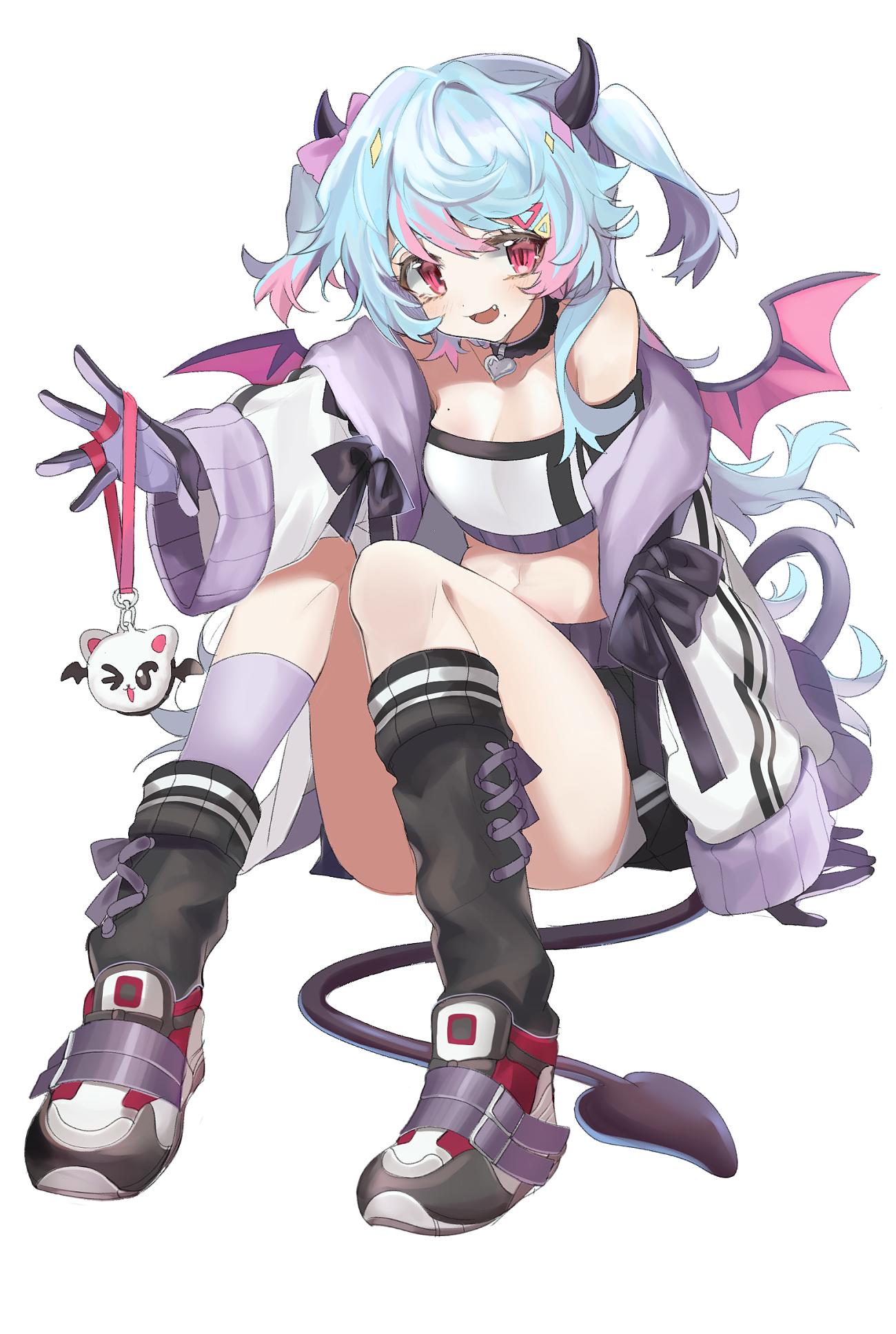 1girl aqua_hair bangs bare_shoulders black_bow black_legwear black_ribbon black_skirt blush bow breasts choker cleavage collarbone crop_top cross-laced_legwear demon_girl demon_horns demon_tail demon_wings fang full_body gloves heart heart_choker highres horns jacket keychain kneehighs long_hair long_sleeves looking_at_viewer mid_(gameshe) midriff mismatched_legwear mole mole_under_mouth navel off_shoulder open_clothes open_jacket open_mouth original purple_legwear red_eyes ribbon shoes shorts shorts_under_skirt simple_background single_sidelock sitting skirt sleeves_past_wrists small_breasts smile sneakers solo stomach tail two_side_up white_background white_shorts white_tubetop wings