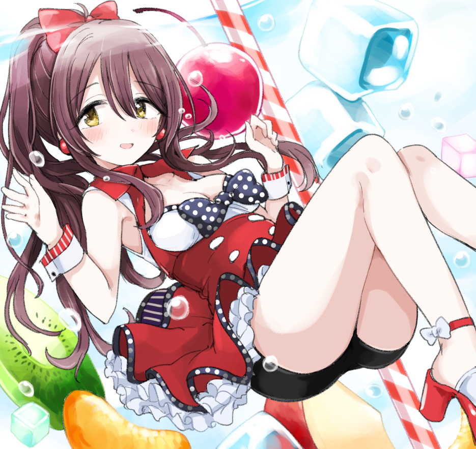 1girl :d bangs bird black_shorts blue_bow blush bow breasts brown_eyes brown_hair cherry cleavage dress drinking_straw earrings eyebrows_visible_through_hair food fruit hair_between_eyes hair_bow hands_up high_heels ice ice_cube idolmaster idolmaster_shiny_colors jewelry kiwi kiwi_slice medium_breasts minigirl morina_nao oosaki_tenka open_mouth polka_dot polka_dot_bow red_bow red_dress red_footwear shirt shoes short_shorts shorts shorts_under_dress sidelocks sleeveless sleeveless_dress sleeveless_shirt smile solo white_shirt wrist_cuffs