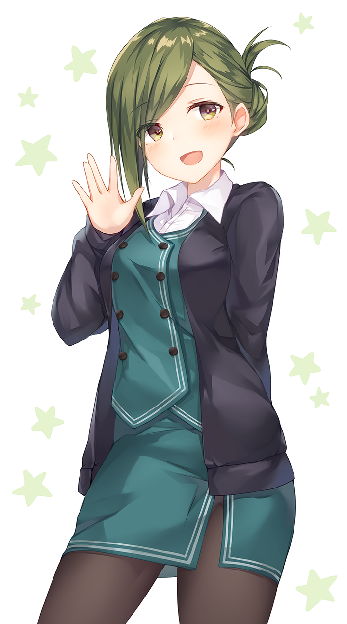 1girl arm_behind_back asymmetrical_hair blazer blush breasts buttons cardigan collared_shirt commentary_request cowboy_shot eyebrows_visible_through_hair formal green_hair green_skirt hand_up highres idolmaster idolmaster_shiny_colors jacket medium_breasts medium_hair nanakusa_hazuki open_cardigan open_clothes open_mouth pantyhose pencil_skirt shindou_tsurami shirt skirt skirt_suit smile solo star suit waving white_background yellow_eyes