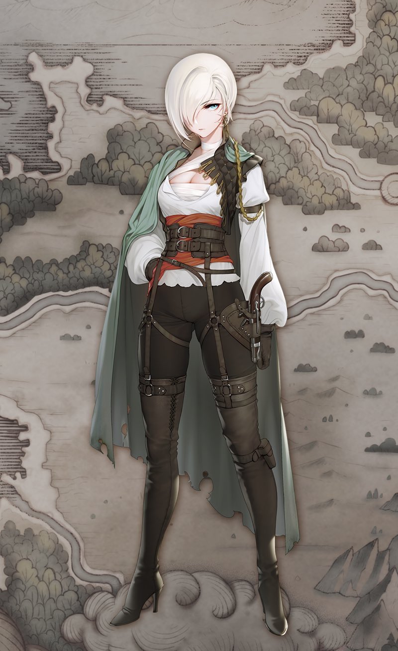 1girl adelaide_de_broglie_(seijo_senki) arm_at_side arm_belt bandage belt black_footwear black_gloves black_pants blue_eyes boots breasts brown_background brown_gloves brown_pants cape cleavage cloak earrings full_body gloves green_cape gun hair_over_one_eye hand_on_hip handgun high_heel_boots high_heels highres holster jewelry large_breasts leather leather_gloves leather_pants lips looking_at_viewer medium_breasts o-ring official_art pants pistol quuni rope seijo_senki short_hair simple_background solo standing stud_earrings thigh-highs thigh_boots weapon white_hair