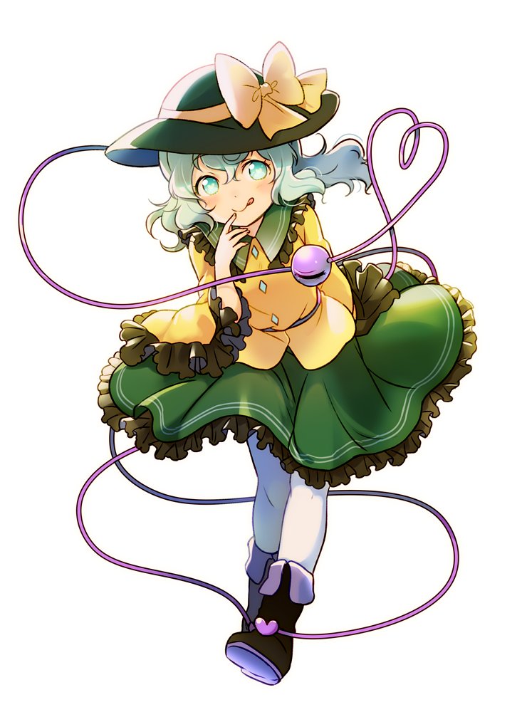 1girl black_footwear black_hat chaba_(hortensia) frilled_shirt_collar frilled_skirt frilled_sleeves frills full_body green_eyes green_hair green_skirt hat hat_ribbon heart heart-shaped_pupils heart_of_string komeiji_koishi ribbon simple_background skirt solo symbol-shaped_pupils third_eye tongue tongue_out touhou white_background white_legwear wide_sleeves yellow_ribbon