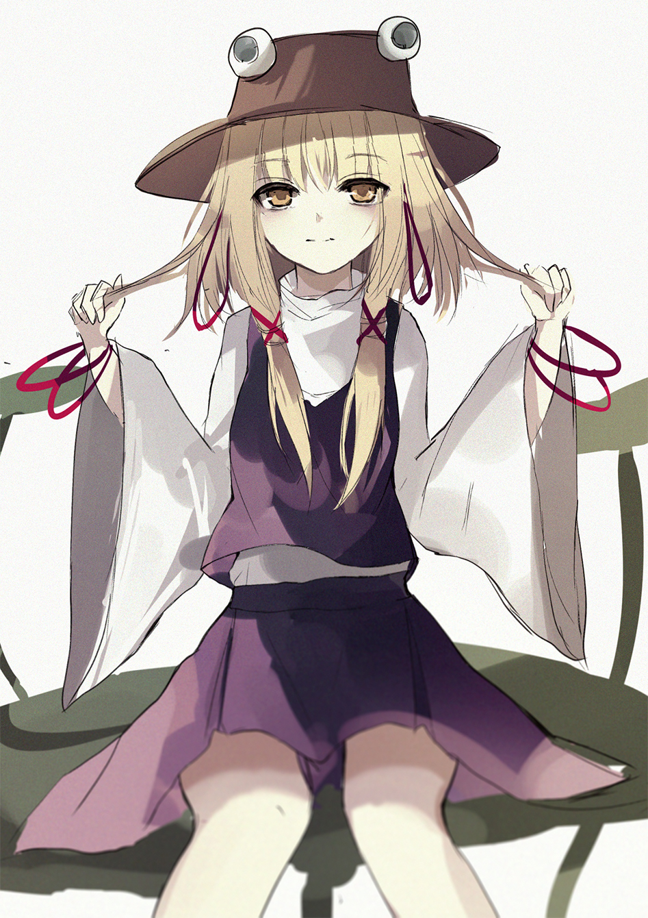 1girl bangs beckzawachi blonde_hair bracelet brown_hat closed_mouth eyebrows_visible_through_hair hair_between_eyes hands_up hat highres holding holding_hair jewelry legs_apart lily_pad long_hair long_sleeves looking_at_viewer moriya_suwako orange_eyes purple_skirt purple_vest shirt simple_background sitting skirt solo touhou vest white_background white_shirt wide_sleeves