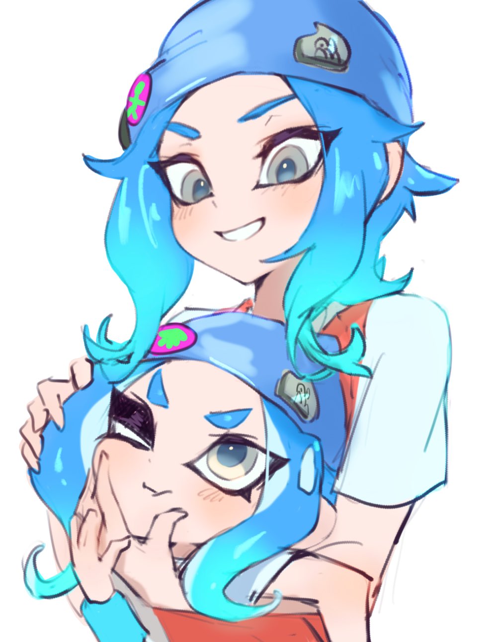 2girls badge beanie blue_hair blue_hat button_badge dual_persona eyeliner grey_eyes grin hand_on_another's_face hand_on_another's_head hat highres humanization jtveemo long_hair looking_at_another makeup multiple_girls octarian octoling one_eye_closed short_sleeves simple_background smile splatoon splatoon_(series) splatoon_2 tentacle_hair v-shaped_eyebrows white_background wristband